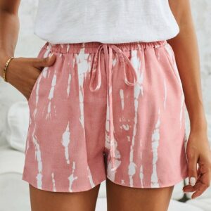 pink-white-tie-dye-drawstring-casual-shorts