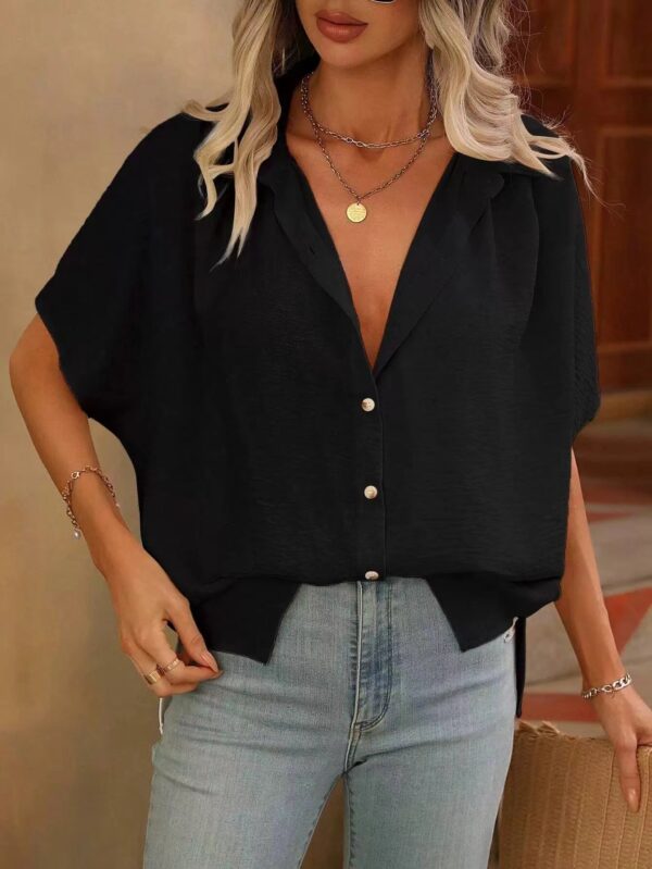 Design Lapel Single Breasted Loose Short Sleeve Split Shirt Top - Image 7