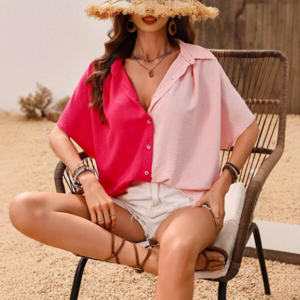 Design Lapel Single Breasted Loose Short Sleeve Split Shirt Top - Image 2