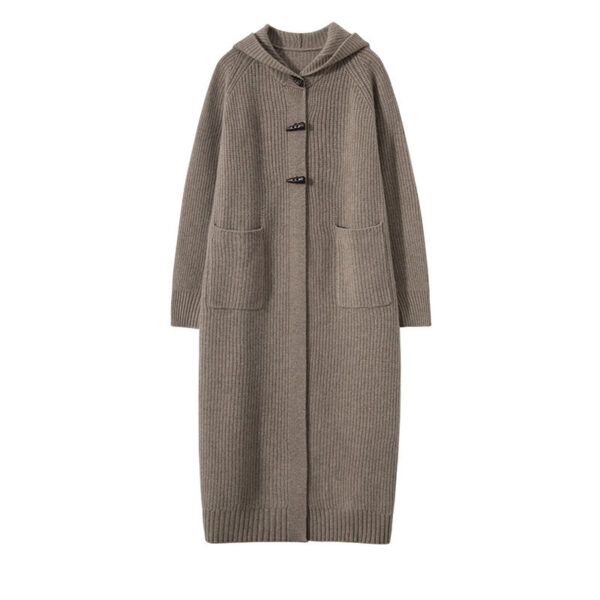 Long Below Knee Thickening Hooded Sweater Horn Button Trench Coat - Image 7