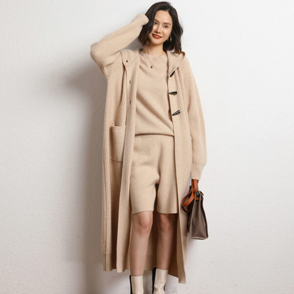 Long Below Knee Thickening Hooded Sweater Horn Button Trench Coat - Image 5