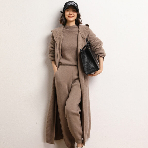 Long Below Knee Thickening Hooded Sweater Horn Button Trench Coat - Image 2