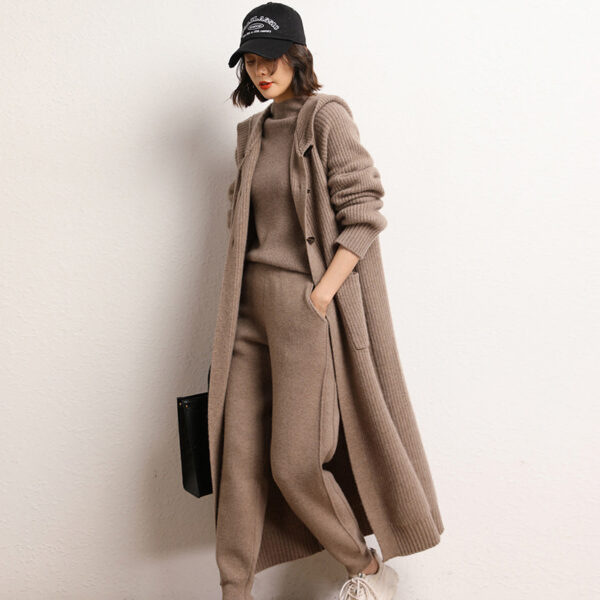 Long Below Knee Thickening Hooded Sweater Horn Button Trench Coat - Image 6