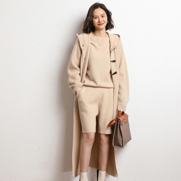 Long Below Knee Thickening Hooded Sweater Horn Button Trench Coat - Image 3