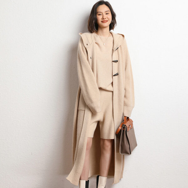 Long Below Knee Thickening Hooded Sweater Horn Button Trench Coat - Image 4